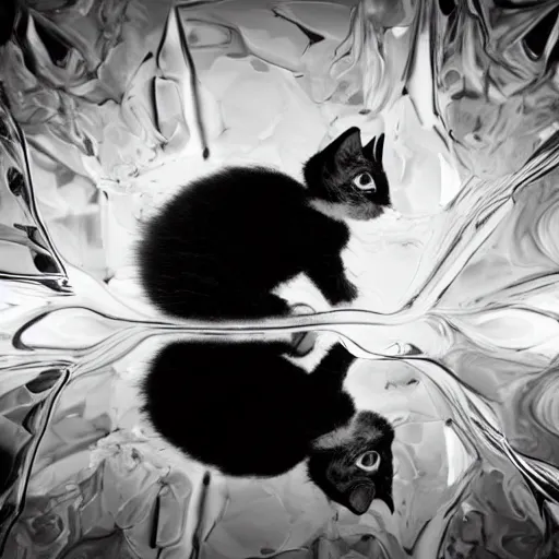 Prompt: black and white kitten looking through distorted glass of water, funny distorted face, 4k, high definition