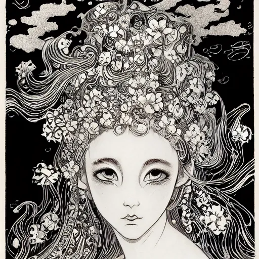 Prompt: prompt: beautiful girl in lake with light up face painted in baroque style, nymph in the water, small flowers around and on the side, 1980 manga, black and white photo, intricate ink drawing, high detail, Neo-expressionism, post-modern gouache marks on the side, gnarly details in the water and brushstrokes