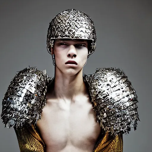 Prompt: a portrait of a beautiful young male wearing an alexander mcqueen armor made of glass , photographed by andrew thomas huang, artistic