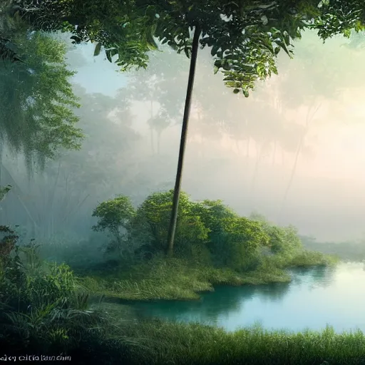 Image similar to Misty lake in the middle of the jungles, 8k, detailed, concept art, trending on artstation