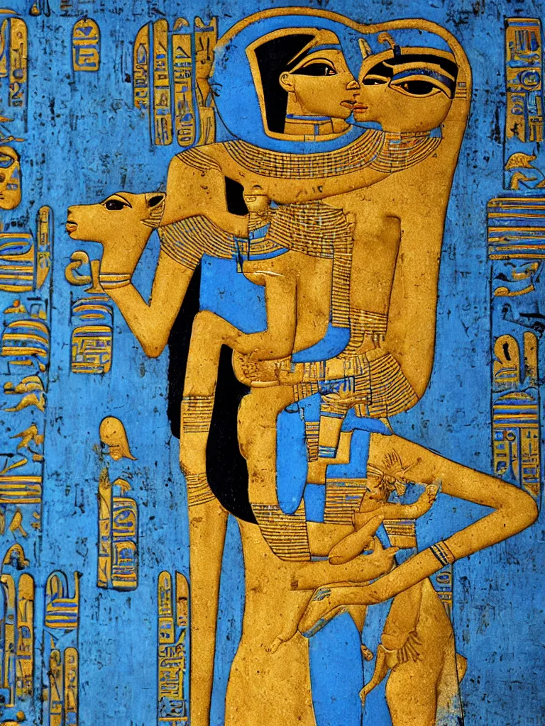 Image similar to photorealistic portrait of a beautiful female ancient Egyptian goddess holding Anubis the dog in her arms, Hieroglyphs are written on the background, and blue lotus grows at her feet, photography 50mm f1.4, bokeh, kodak ektar