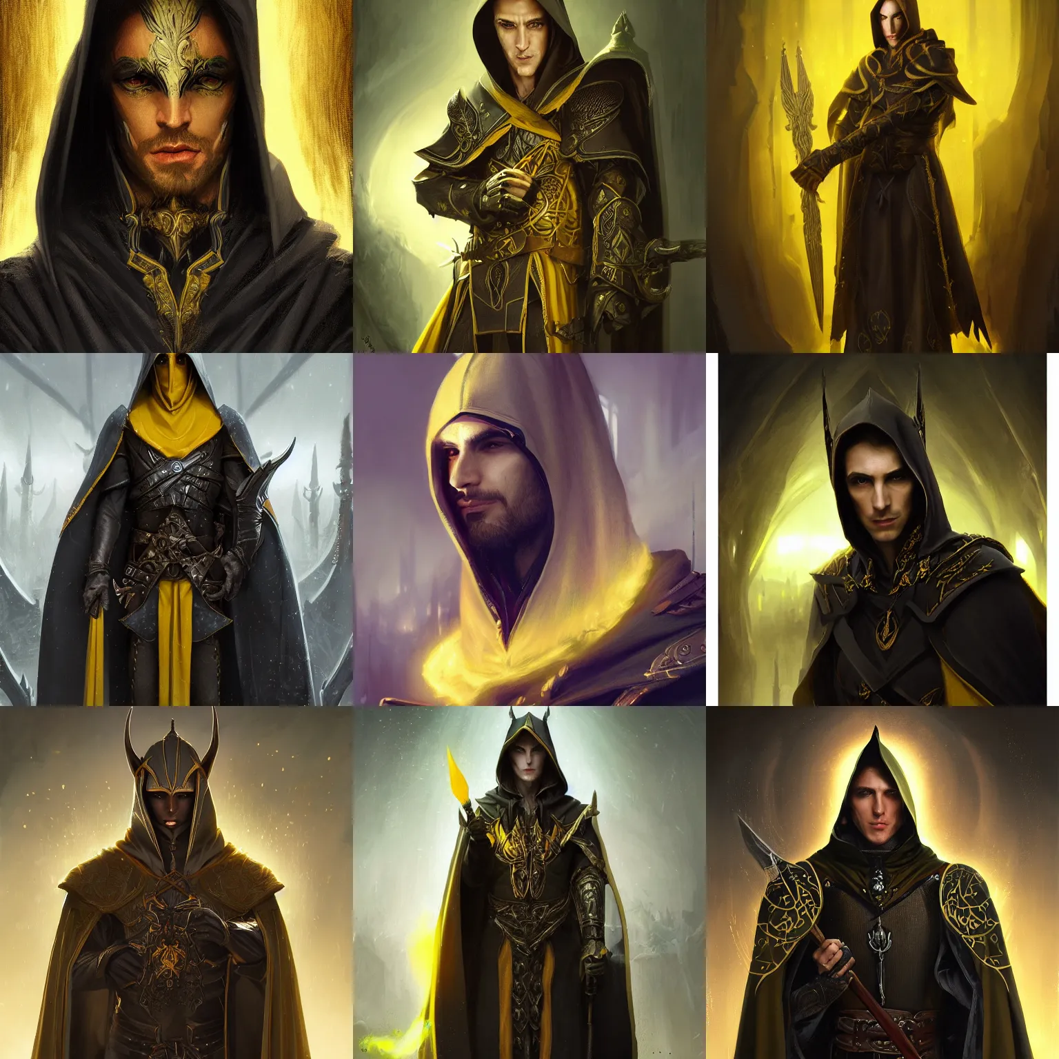 Prompt: portrait of a mysterious and cunning male high elf inquisitorial agent wearing a black hooded agent's cloak with yellow religious filigree, by Raymond Swanland Greg Rutkowski Lise Deharm, intricate, masterpiece, sharp, digital art, ArtStation, CGStation, 8k