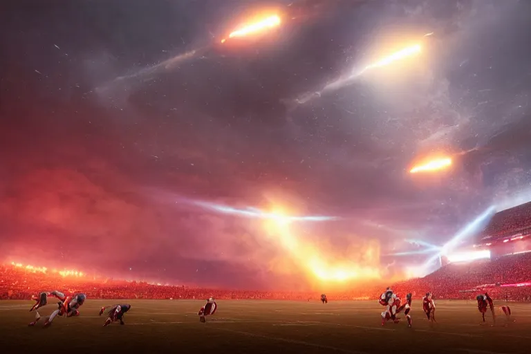 Image similar to meteors fall from the red sky down to a war - torn football stadium, crowds panic, cinematic lighting by jessica rossier, realistic, highly - detailed, 8 k, photorealistic, hyper detailed, unreal engine 5, imax quality, cinematic, epic lighting, football live, live sports