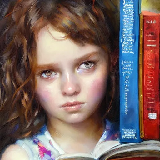 Image similar to a seven year old girl with short curly light brown hair and blue eyes sitting amidst tall piles of books. beautiful painting by raymond swanland and magali villanueve, beautiful detailed face.