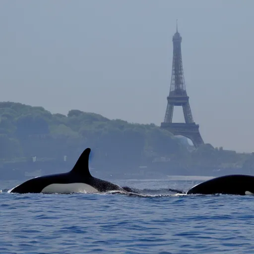 Prompt: orca whales swimming past the Eiffel Tower, 4k