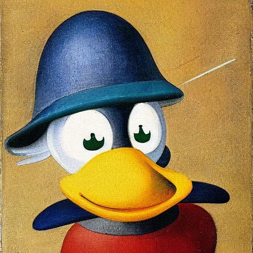 Prompt: Donald Duck, self portrait by Hieronymus Bosch, oil painting