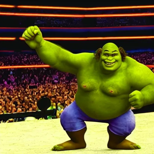 Prompt: shrek and donkey tag team battle vs andre the giant and hulk hogan at wrestlemania 8, dramatic lighting, 8k ,
