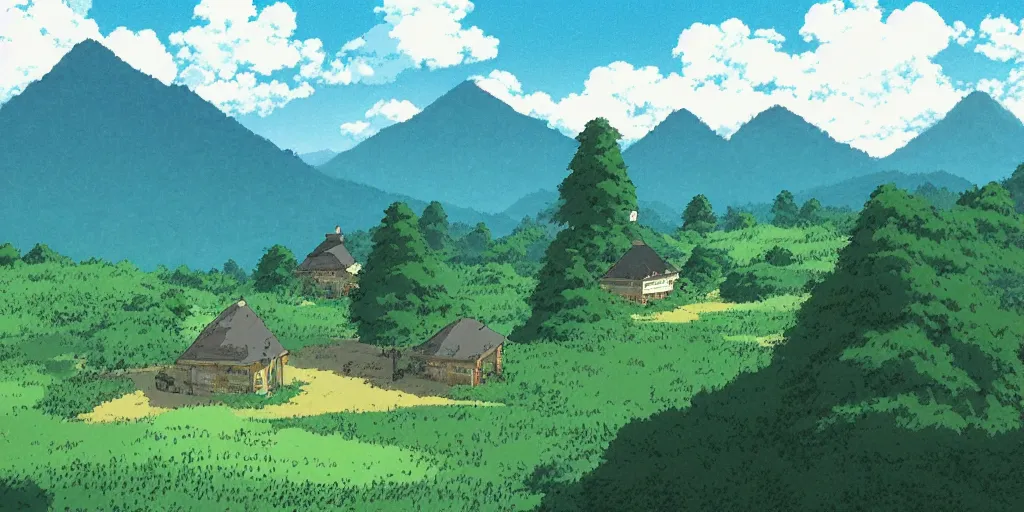 Image similar to a peaceful mountain overlooking a field, studio ghibli