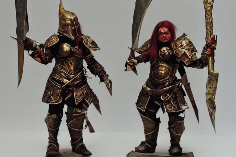 Prompt: short and wide female dwarven warrior wearing dark iron plate armor | robust and brave | Michael Hussar |