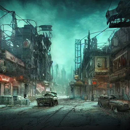 Image similar to post apocalyptic dieselpunk city , highly detailed, 4k, HDR, award-winning photo, glowave neon