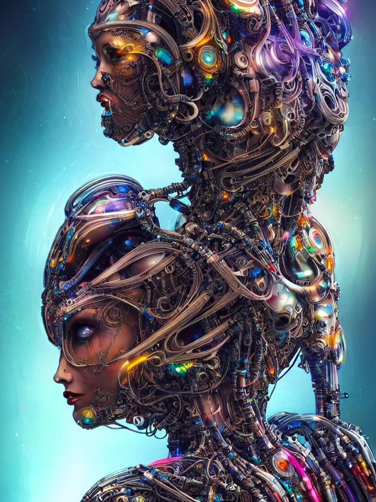 Image similar to full lenght shot woman in biomechanical dress, wearing epic bionic cyborg implants of different colors, detailed intricate ornate cables, by dan mumford, masterpiece, intricate, elegant futuristic wardrobe, highly detailed, artstation, concept art, background galaxy, cyberpunk colors, art by artgerm