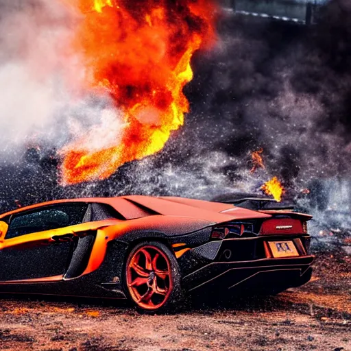 Image similar to a lamborghini aventador parked in a hellish fiery demon world, plumes of flame, scattered burning debris, acid rain, cinematic photography, film still, hd