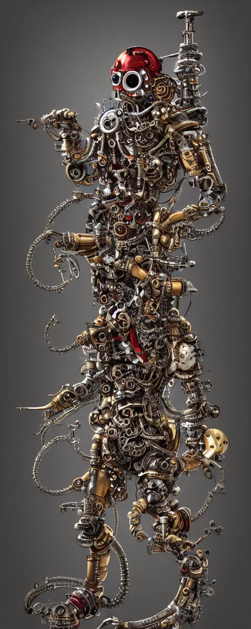 Image similar to full body portrait of a steampunk sci-fi cyborg pirate bionic man, third person, D&D, sci-fi fantasy, cogs and springs and jewels, intricate, gold with black and red fringe highlights, highly detailed, art by Range Murata, highly detailed, 3d, octane render, bright colors, digital painting, trending on artstation, sharp focus, illustration style of Stanley Artgerm, dramatic cinematic background