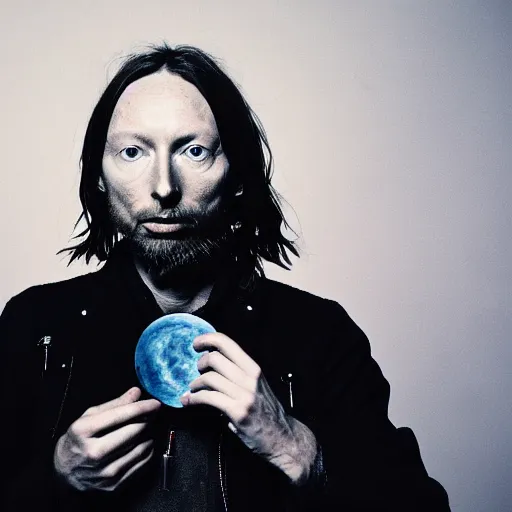 Image similar to Radiohead singer Thom Yorke, holding the moon upon a stick, with a beard and a black jacket, a portrait by John E. Berninger, dribble, neo-expressionism, uhd image, studio portrait, 1990s