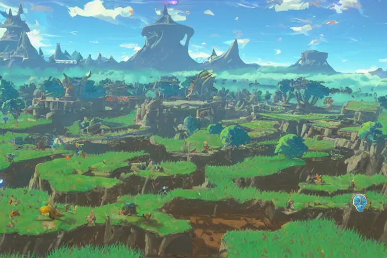 Prompt: an in game chaotic landscape from the legend of zelda breath of the wild, breath of the wild art style.