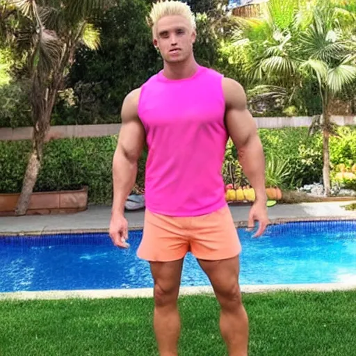 Image similar to a handsome male fitness model with blonde hair, ken, who is a male android, muscular, wearing a cut - off pink top and short light orange shorts, stands by a swimming pool, facing forward