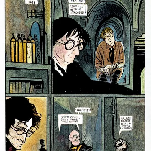 Prompt: comics Harry Potter talking to the Sandman in The Sandman comic, by Neil Gaiman, by Dave McKean, comics Sandman, small details, whole-length, clear faces