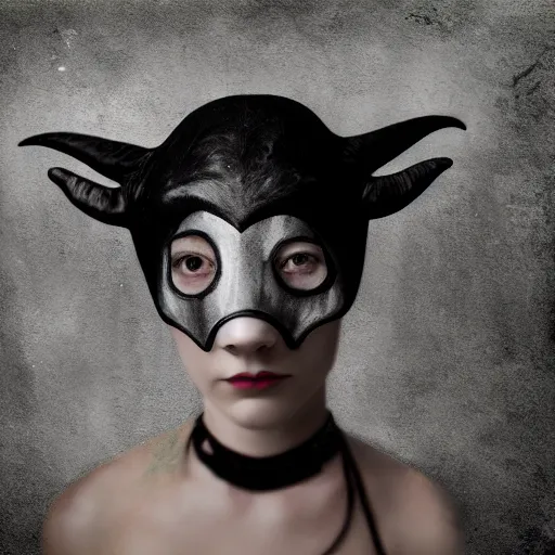 Prompt: tintype of a girl with black goat mask, hyperrealistic, 8 k