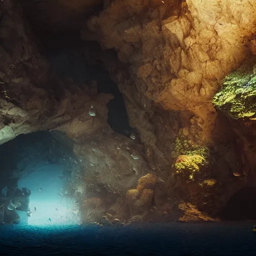 Prompt: amazing cave underwater, lots of fish, volumetric light, octane render, hieronymus bosch style, highly detailed, dramatic lighting, misty, gothic, artstation, cgsociety