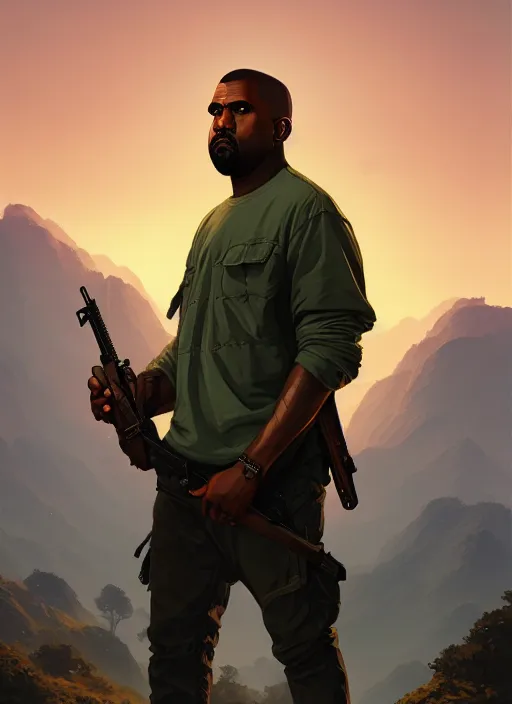 Image similar to highly detailed portrait kanye holding ak in gta v stephen bliss unreal engine fantasy art by greg rutkowski loish rhads ferdinand knab makoto shinkai lois van baarle ilya kuvshinov rossdraws tom bagshaw global illumination radiant light detailed intricate environment