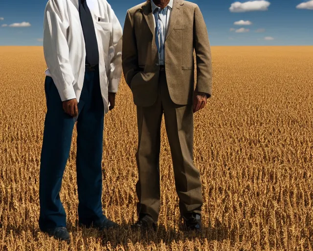 Image similar to extreme long shot of walter white and gustavo fring stand facing each other from a distance in a wheat field, low angle, side view, 8 5 mm photograph, 8 k resolution, wide shot, sharp lens