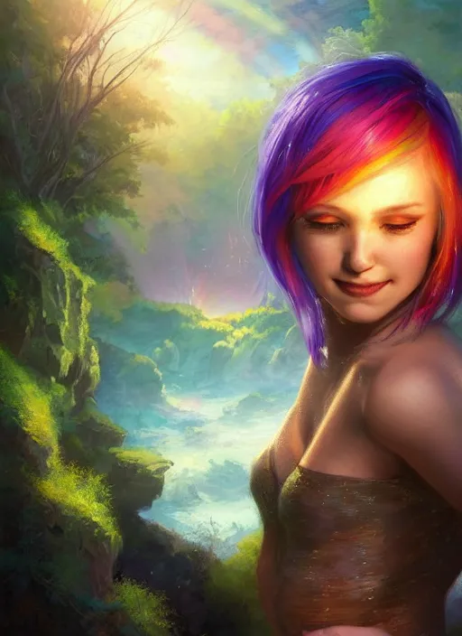 Image similar to girl with rainbow hair, pixie haircut, beautiful highly detailed face, complementary lighting, backlit, black eyeshadow, grinning, adventure, dramatic lighting, landscape background, beautiful painting by artgerm and greg rutkowski and raymond swanland