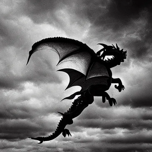 Prompt: epic dragon made of black clouds, flying through the skies, with red lightning coming out