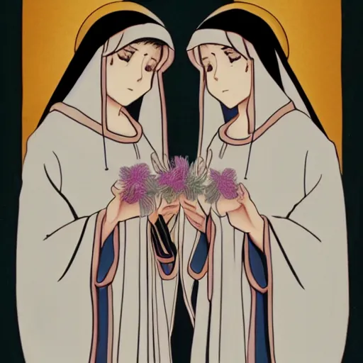 Prompt: a scene of two identical beautiful nuns face to face, clean, full of detail, subtle anime style