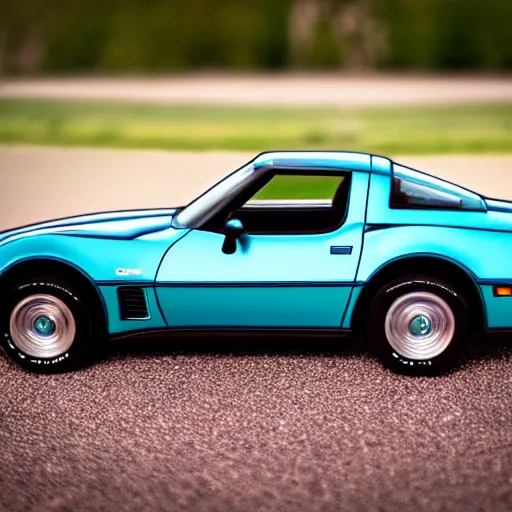 Prompt: a picture of a tiny 1980s Chevrolet Corvette car in the grass, outdoor photo, natural sunlight shallow depth of field, highly detailed macro photography