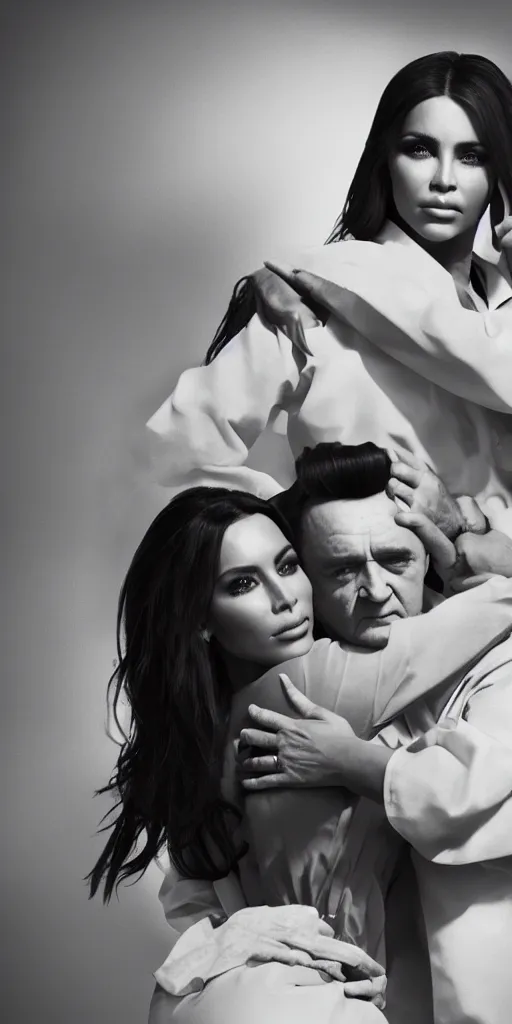 Prompt: johnny cash hugging kim kardashian, kim wearing a nurse outfit, real photo, hospital background, intricate, epic lighting, cinematic composition, hyper realistic, 8k resolution, unreal engine 5