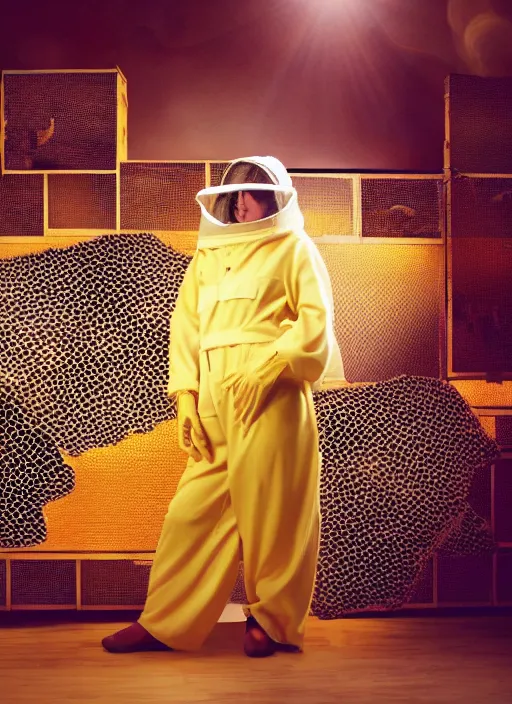 Prompt: futuristic female beekeeper, wearing silky nanotech honeycomb robe, dramatic lighting, golden colors, light shaft