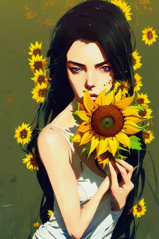 Image similar to a ultradetailed beautiful panting of a stylish woman holding a sunflower, by conrad roset, greg rutkowski and makoto shinkai, trending on artstation