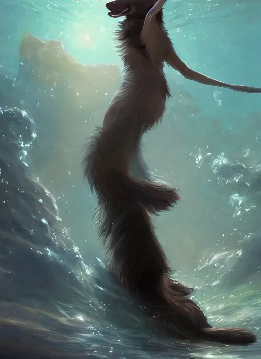 Image similar to beautiful wide angle full body portrait of a cute male anthropomorphic anthro border collie fursona wearing an evening gown underwater, character design by charlie bowater, henry asencio, and ross tran, scenic background, detailed, glamor pose, aesthetic, furry, trending on artstation, furaffinity, deviantart