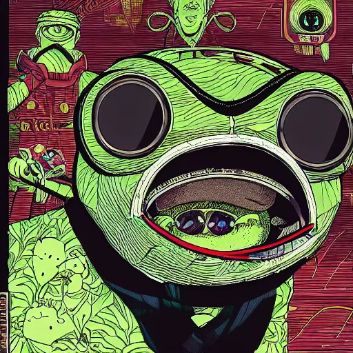 Image similar to portrait of pepe the frog wearing vr headset, symmetrical, by yoichi hatakenaka, masamune shirow, josan gonzales and dan mumford, ayami kojima, takato yamamoto, barclay shaw, karol bak, yukito kishiro