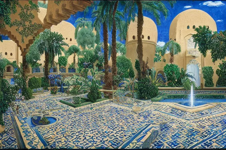 Prompt: painting of a beautiful moorish palace courtyard garden, by alayna danner and maxfield parrish and rob gonsalves, patterned tilework, palm trees, tiled fountains, extremely detailed, cinematic lighting, smooth sharp focus