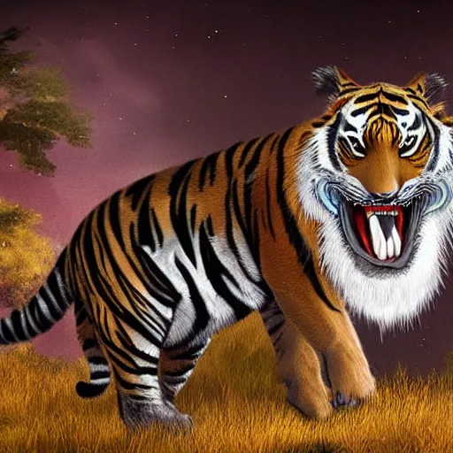 Image similar to !dream a humanoid tiger like creature with grey fur in full body armor, force fields on the armor, yellow eyes, and grey fur with teeth that protrude past their lower jaw holding rifles