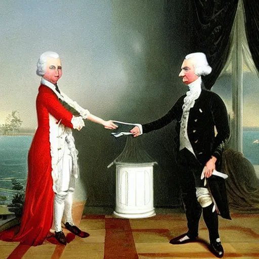 Image similar to Victorian painting of Marshmello greeting George Washington