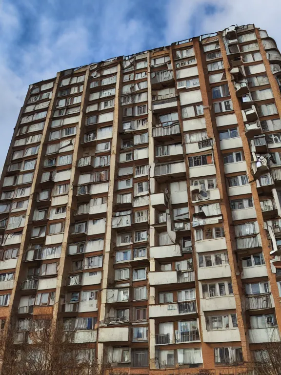 Prompt: soviet panel apartment building photo, extreme wide shot