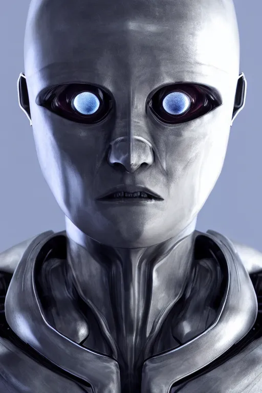 Image similar to humanoid creature with a chrome body made from gray jelly smooth face, cyberpunk, realistic, high definition, many details, symmetrical face, realistic eyes, unreal engine art 5