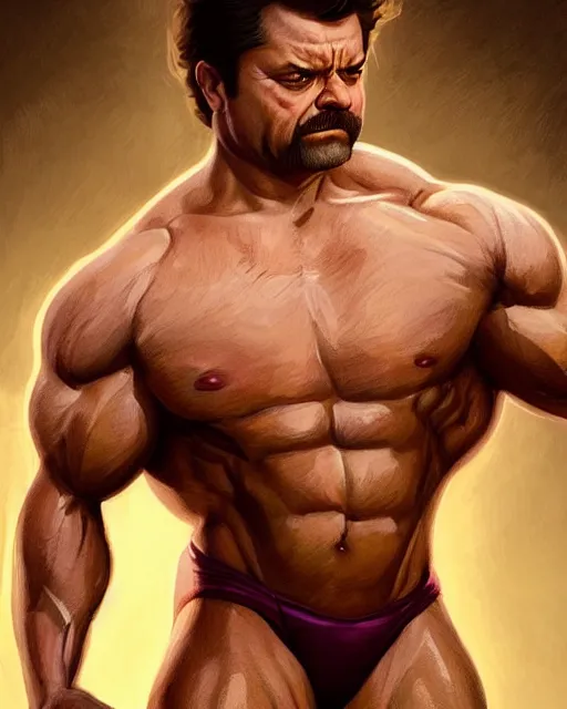 Image similar to gigachad ron swanson bodybuilder holding a cute puppy in final fight mountain by ilya kuvshinov, ernest khalimov body by krista sudmalis, fantasy character portrait, ultra realistic, concept art, intricate details, elegent, digital painting, smooth, sharp focus, illustration, art by artgerm and greg rutkowski and alphonse mucha, artstation