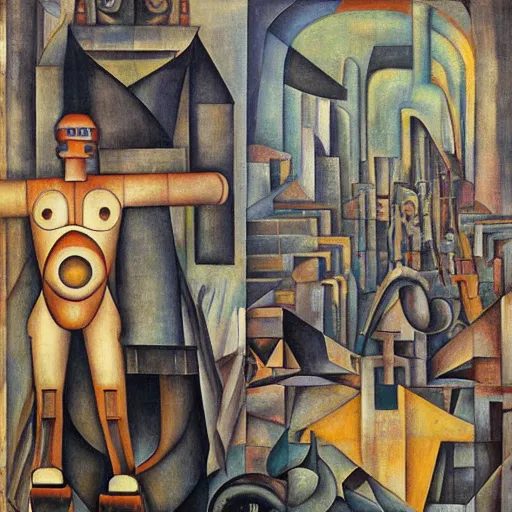 Image similar to cyborg at the crossroads, murales by diego rivera