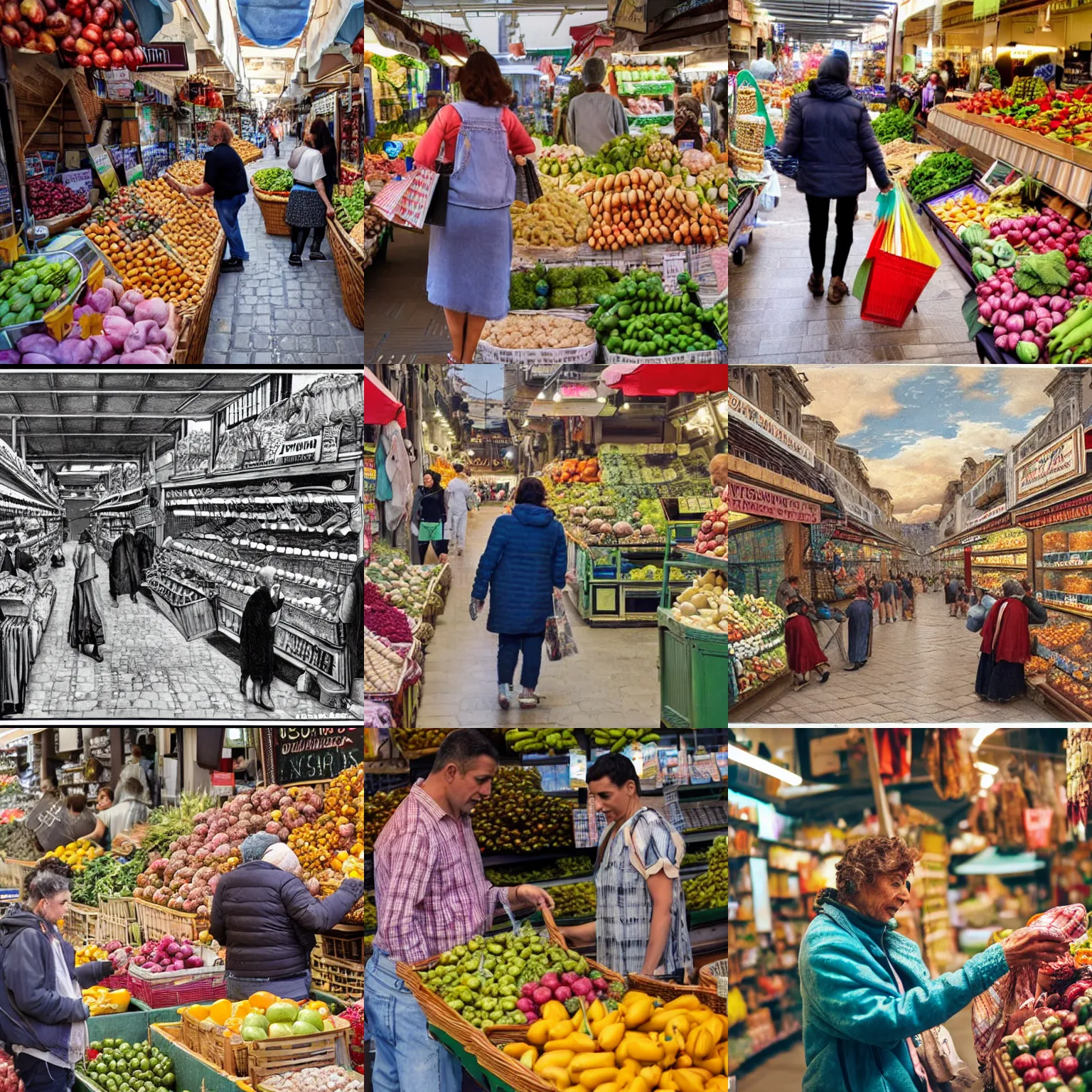 Prompt: a picture of an average citizen of Catania Sicily having shopping at the market, highly detailed