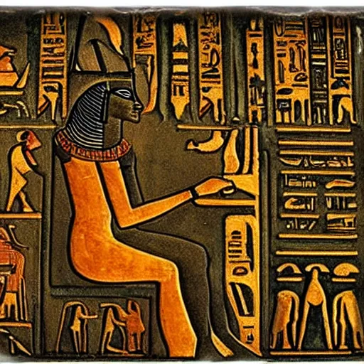 Image similar to a fragment of ancient egyptian hierographic panel Art, art of A person using a computer in art style of ancient art, fragmented, a person using a computer!!!!! Ancient Egypt art