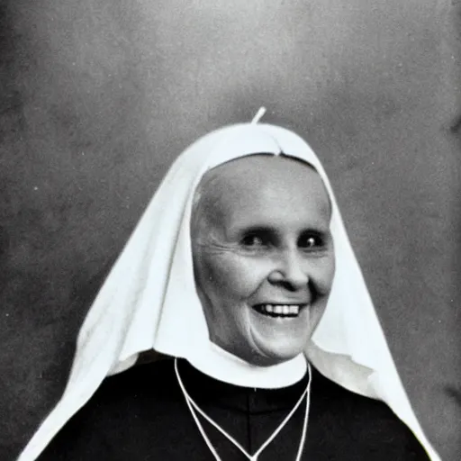 Image similar to antique photograph of an evil catholic nun, evil eyes, horror, looking at the camera, evil smile, sharp teeth, headshot