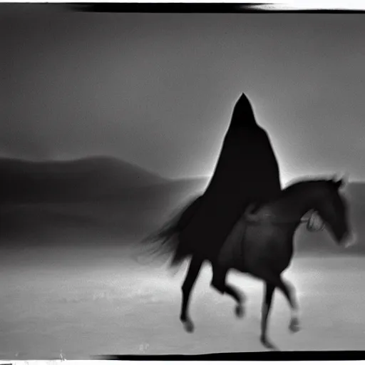 Prompt: A woman with a black cloak is riding a dark horse from distance, Kodak TRI-X 400, dark mood, melancholic