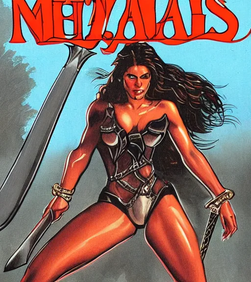 Image similar to 1 9 8 0 s fantasy novel book cover, amazonian eva mendes in extremely tight bikini armor wielding a cartoonishly large sword, exaggerated body features, dark and smoky background, low quality print