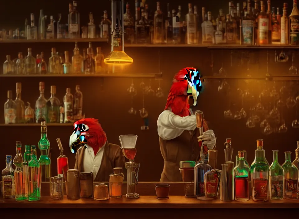 Prompt: anthropomorphic parrot as a bartender behind a bar, dimly-lit cozy tavern, fireplace, 8k octane beautifully detailed render, post-processing, trending on artstation, very detailed, vibrant colors