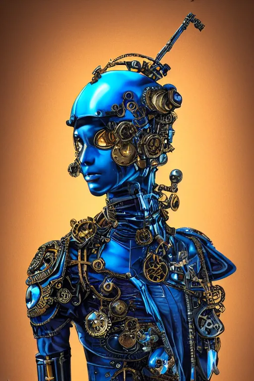 Image similar to full body Portrait of a steampunk sci-fi cyborg ninja, third person, D&D, sci-fi fantasy, intricate, blue and gold, highly detailed , art by Range Murata, highly detailed, 3d, octane render, bright colors, digital painting, trending on artstation, sharp focus, illustration style of Stanley Artgerm,