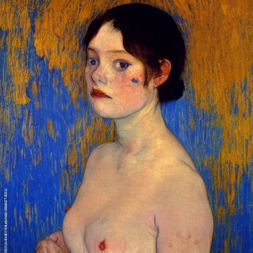 Image similar to palette knife oil painting portrait of a ivory girl in an haunted liminal blue and gold room, film still by goya, by henri de toulouse - lautrec, by klimt, by pontormo, extreme detail, liminal aesthetic, artgerm, deviant art, octane, substance, art history 8 k, art nouveau