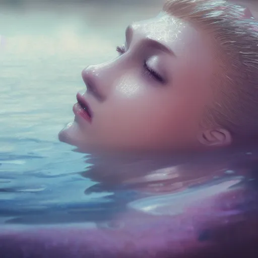 Prompt: pale face lying under the water, water lilys, cinematic, shallow depth of field, atmospheric, ultra high detail, somber colors, close up of face, trending on artstation